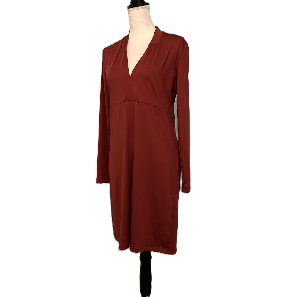 NWOT Vila V-neck Jersey Dress Burnt Henna Knee Length Long Sleeve-Large